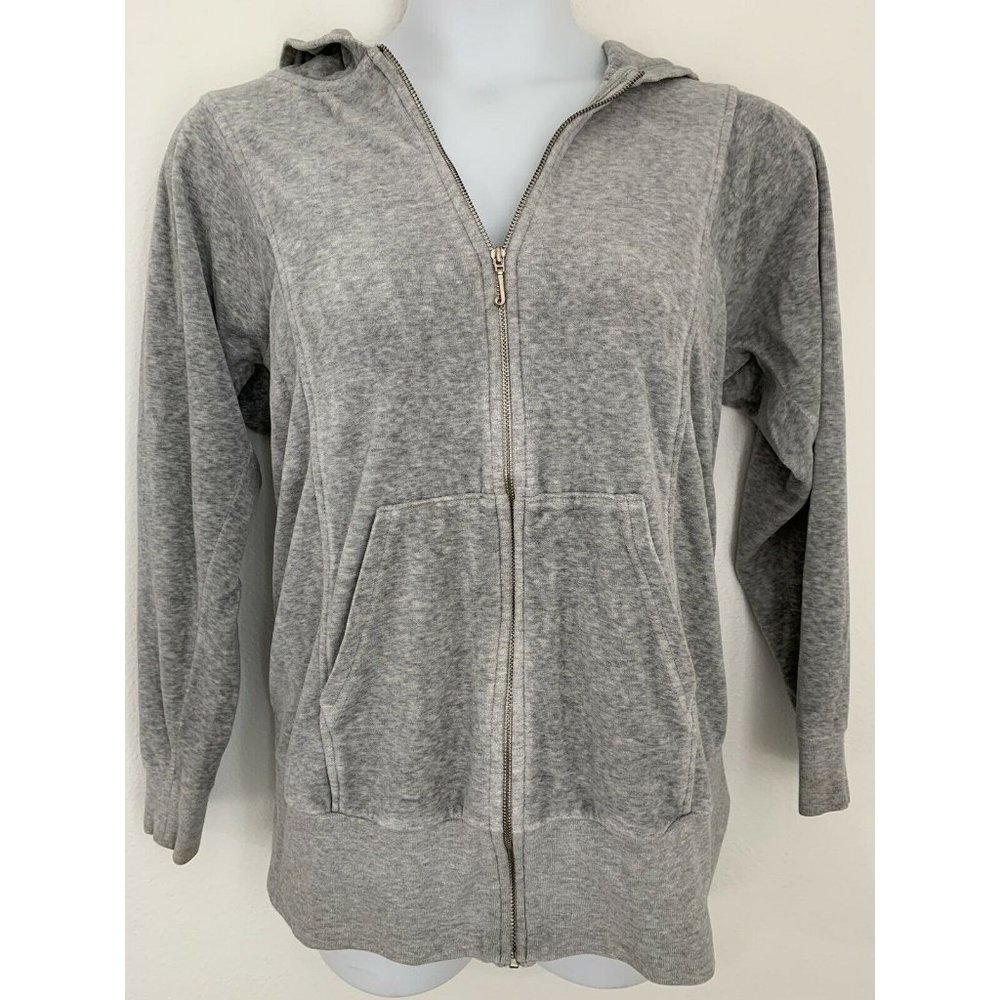 Vintage Juicy Couture large gray Velour hooded zip front track suit jacket Y2K